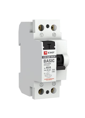 Устройство защитного отключения УЗО ВДТ-40 2P 40А/ 30мА (электронное) EKF Basic (elcb-2-40-30e-sim)